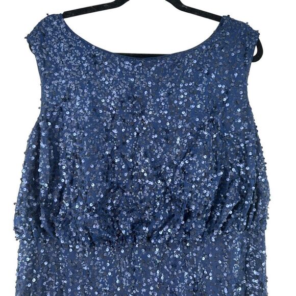 Davids Bridal Sequin Maxi Dress Navy Blue Size 1X Blouson Sleeveless Boat Neck - Picture 2 of 16